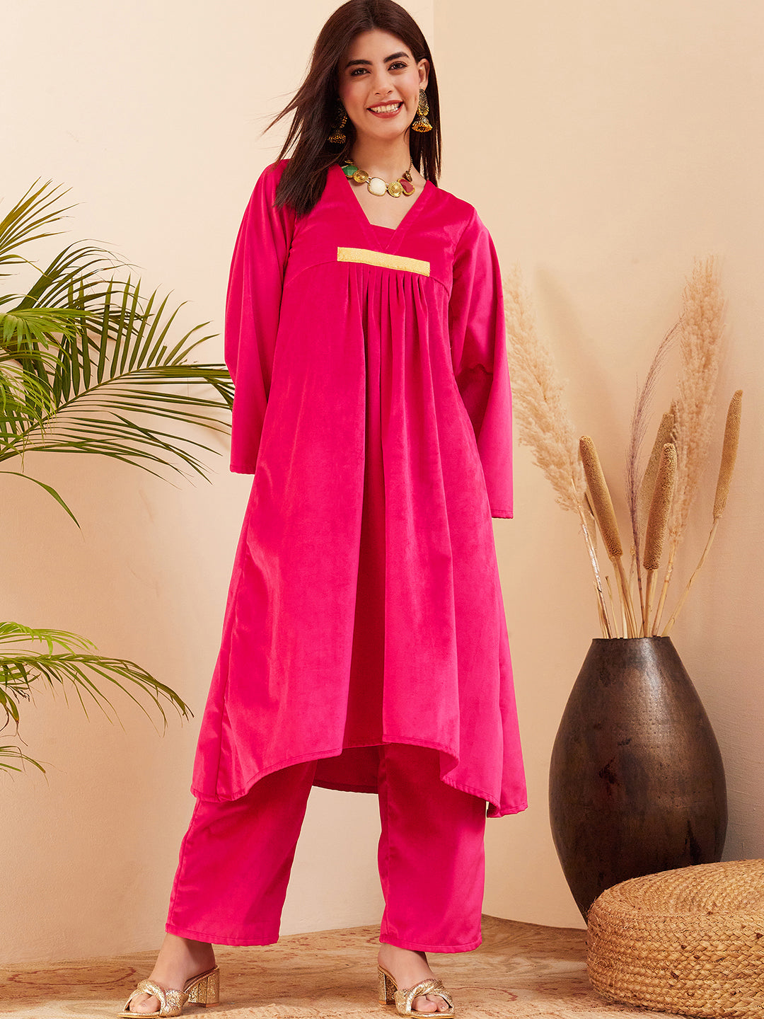 InWeave Women's Magenta V Neck Asymmetrical Pleated Velvet Kurta Set | Grocsy