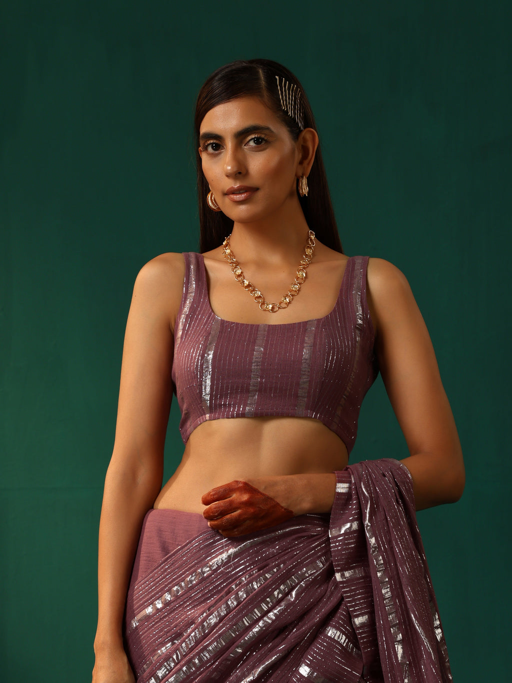 trueBrowns Mauve Cotton Silver Lurex Scoop Neck Sleeveless Blouse | Grocsy