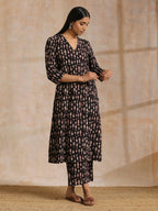 trueBrowns Black Fish Bagru Print Cotton Angrakha Pant Set | Grocsy