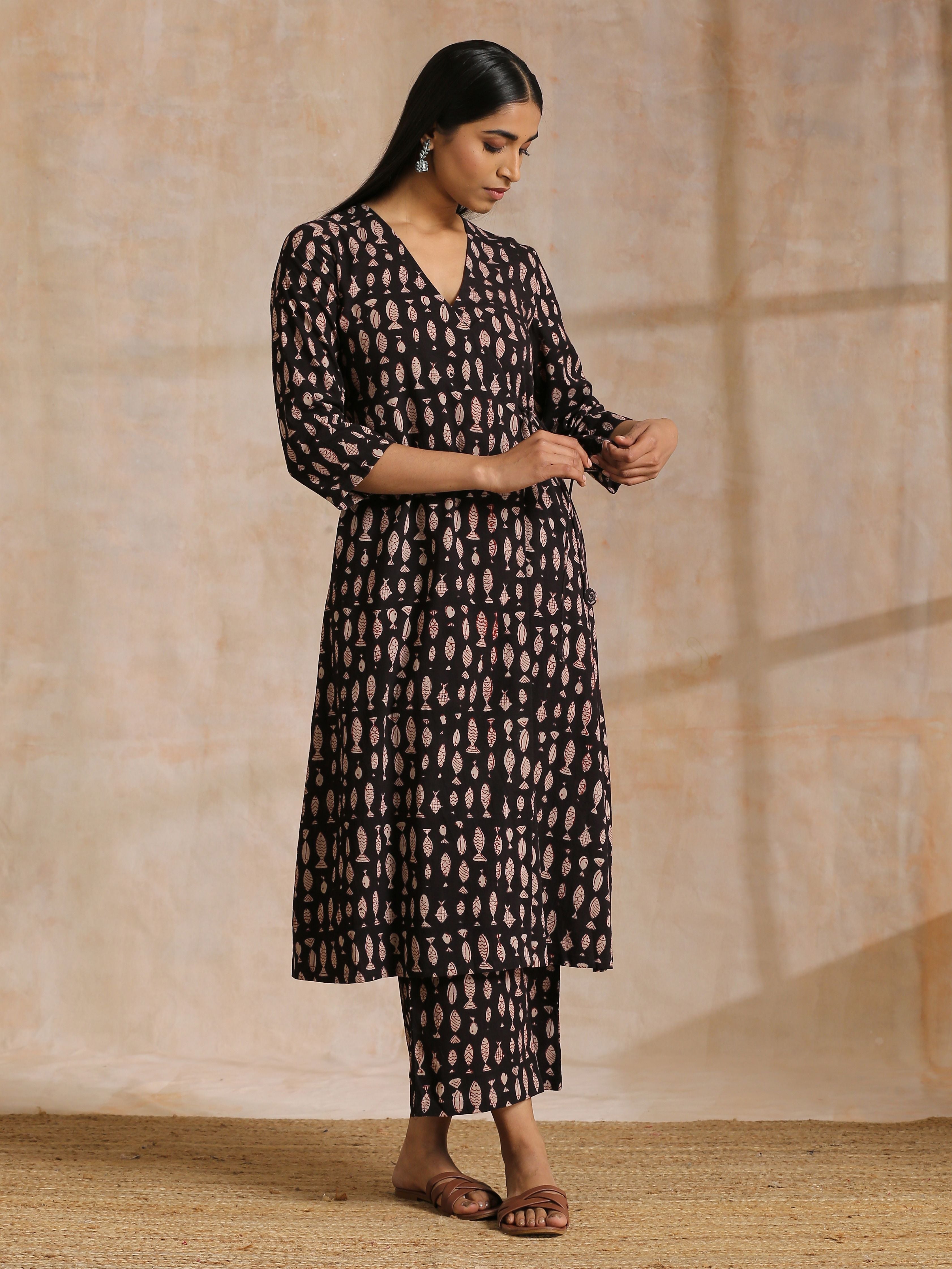 trueBrowns Black Fish Bagru Print Cotton Angrakha Pant Set | Grocsy