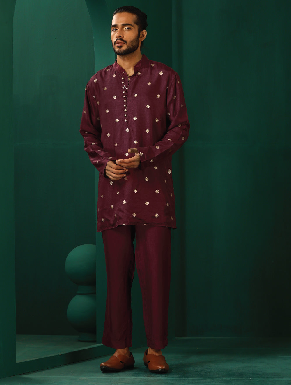 trueBrowns Men's Wine Diamond Viscose Silk Co-ord Set | Grocsy