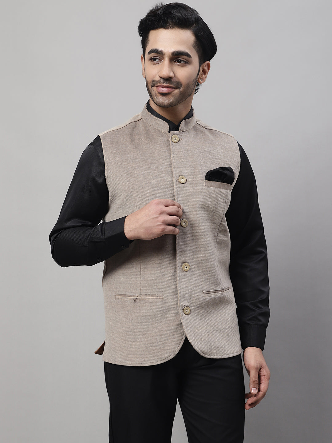 Even Apparels Men's Beige Nehru Jacket With Welt Pockets | Grocsy