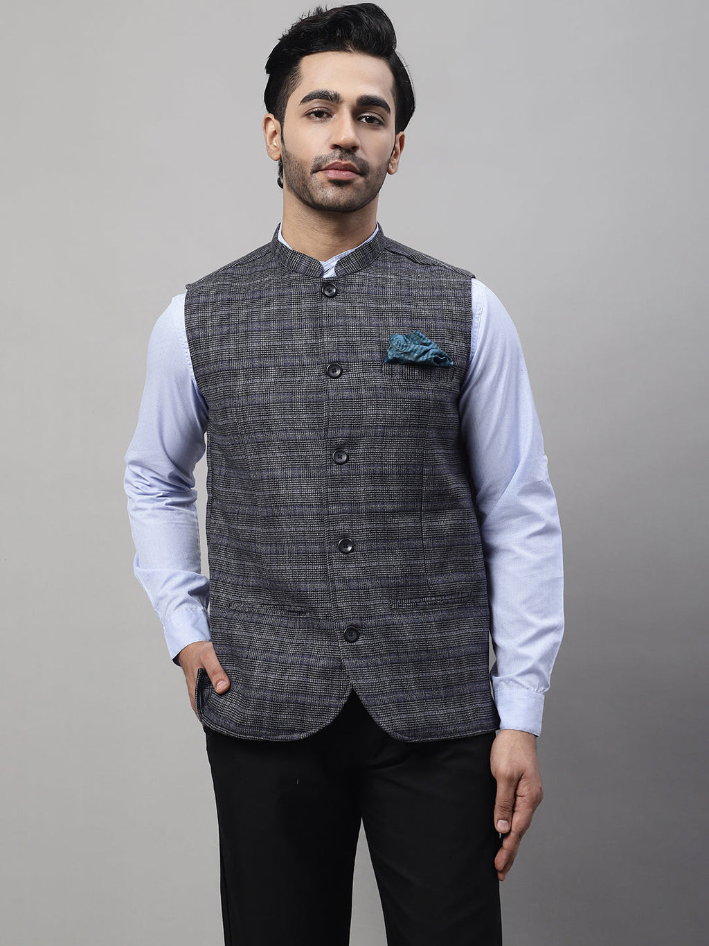 Even Apparels Men's Grey Nehru Jacket With Welt Pockets | Grocsy