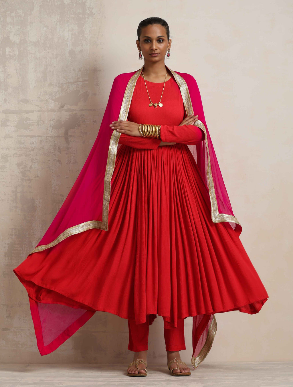 trueBrowns Red Crinkle Anarkali Kurta Pant Dupatta Set | Grocsy