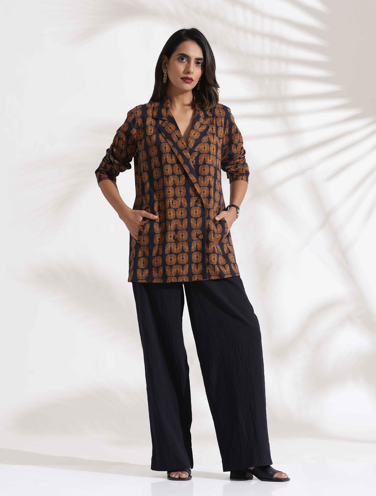 trueBrowns Black Cotton Print Jacket Top Co-ord Set | Grocsy