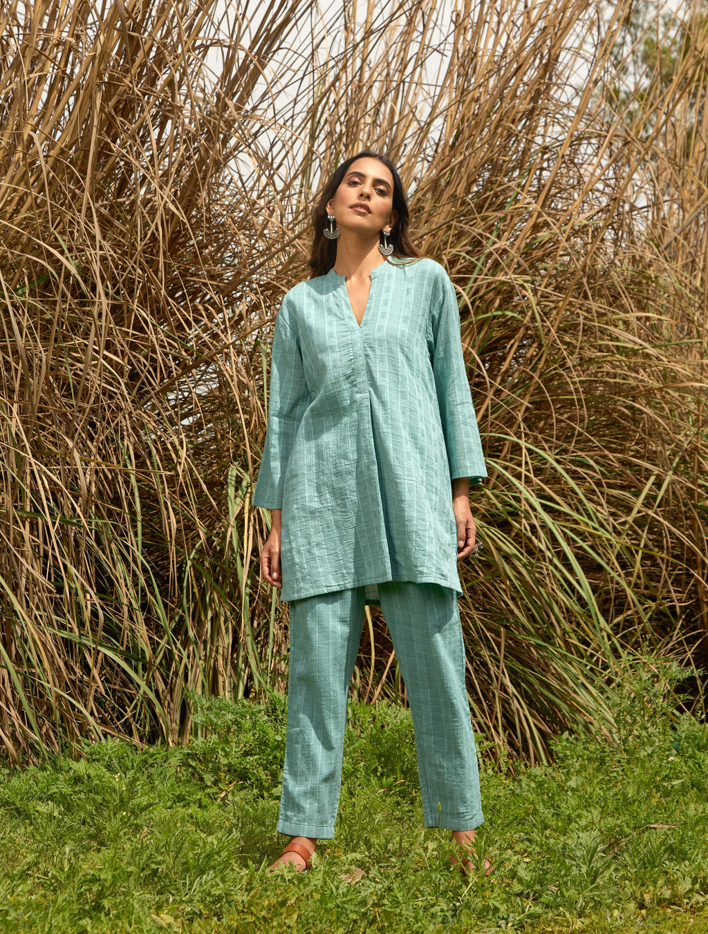 trueBrowns Light Blue Cotton Dobby Relaxed Co-ord Set | Grocsy