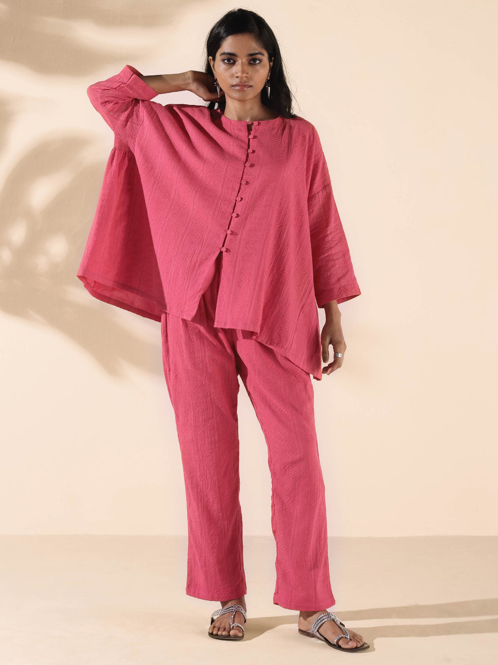 trueBrowns Pink Cotton Dobby Oversized Co-ord Set | Grocsy
