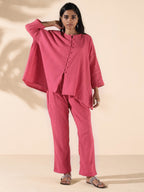 trueBrowns Pink Cotton Dobby Oversized Co-ord Set | Grocsy