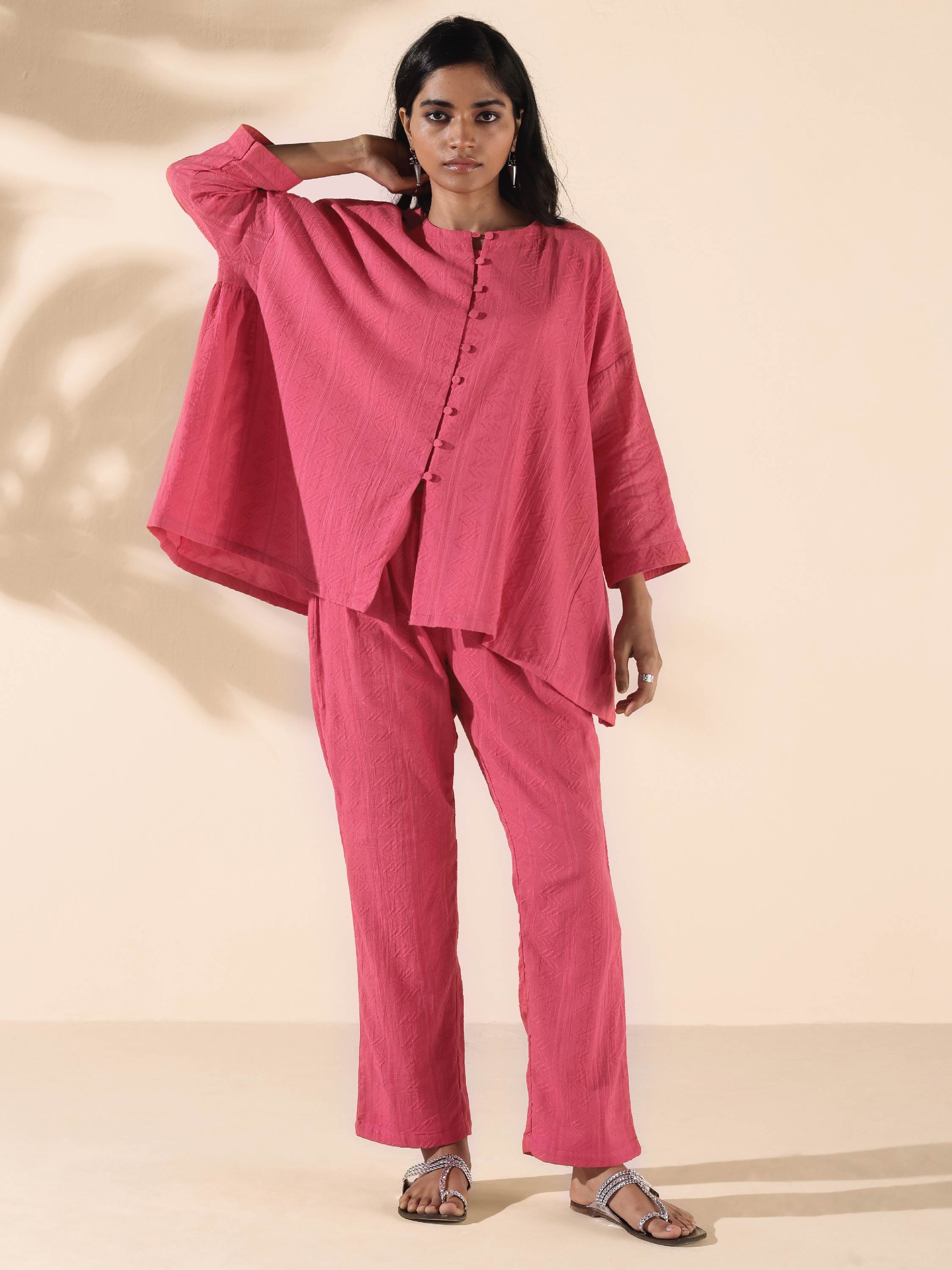 trueBrowns Pink Cotton Dobby Oversized Co-ord Set | Grocsy
