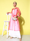 InWeave Women's Cream Strappy Kurta Set With Pink Organza Cape | Grocsy