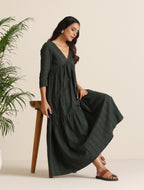 trueBrowns Charcoal Cotton Dobby Tiered Dress | Grocsy
