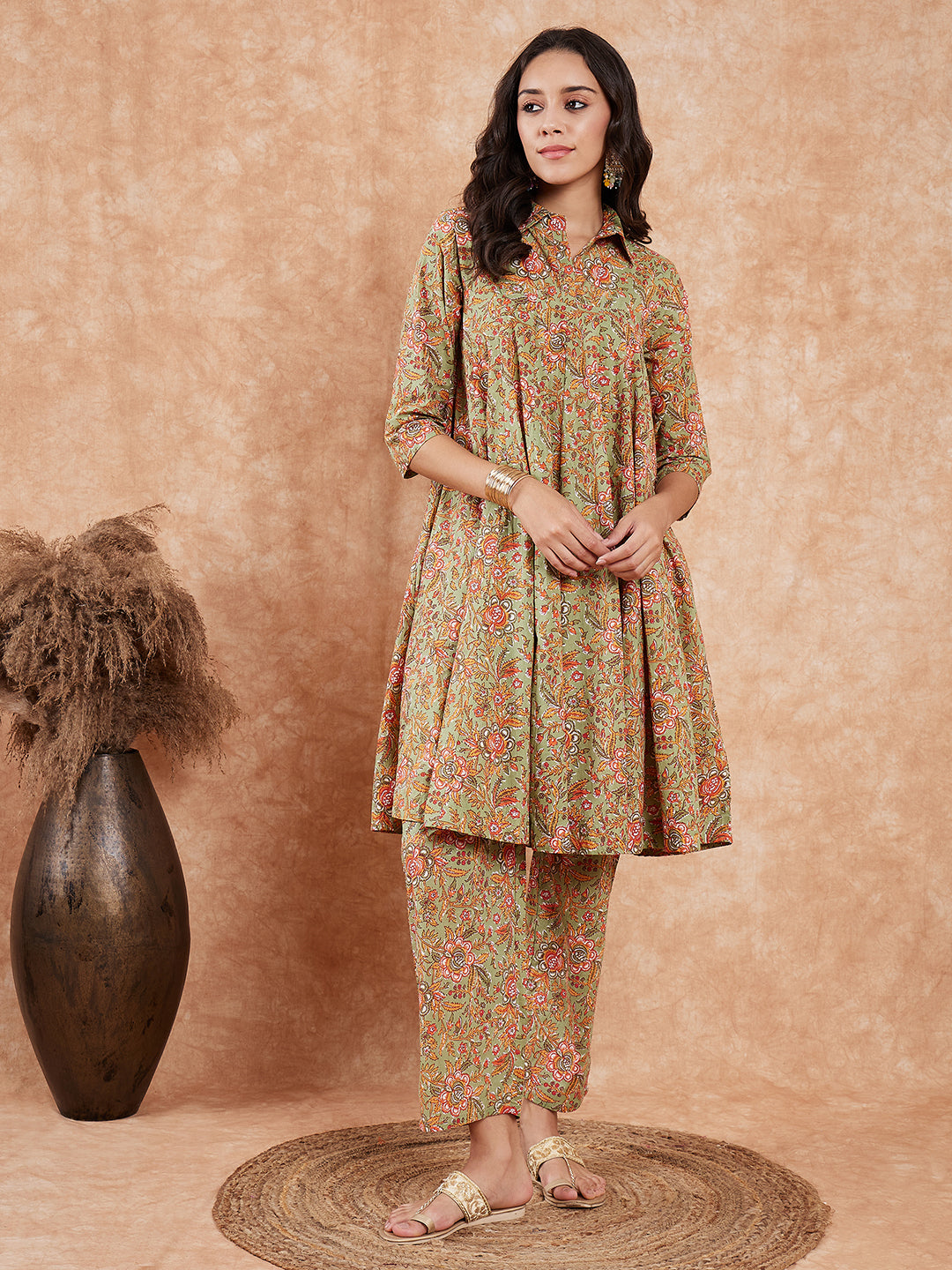 InWeave Women's Pear Green Orange Floral Print Flared Kurta Pant Set | Grocsy