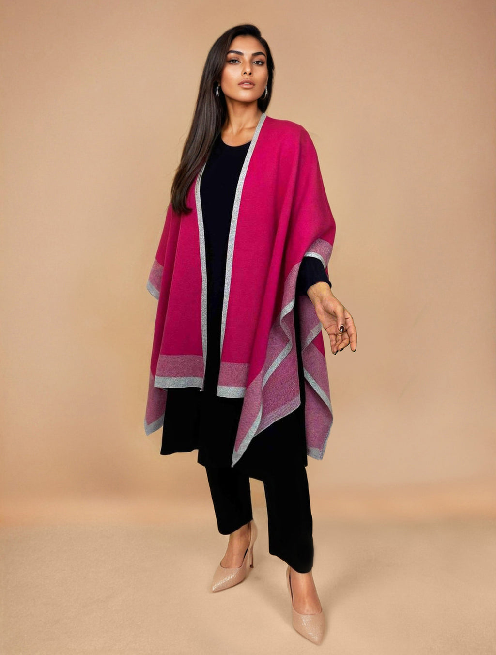 trueBrowns Pink Woollen Kaftan Cape | Grocsy