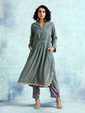 trueBrowns Grey Velvet Lace Kurta Pant Set | Grocsy