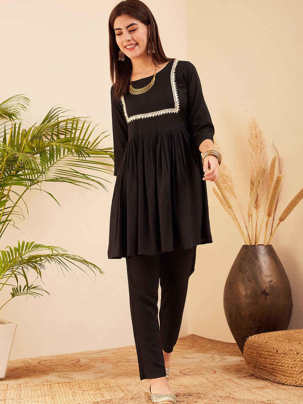 InWeave Women's Black Round Neck Square Gota Work Kurta Pant Set | Grocsy