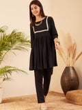 InWeave Women's Black Round Neck Square Gota Work Kurta Pant Set | Grocsy