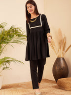 InWeave Women's Black Round Neck Square Gota Work Kurta Pant Set | Grocsy