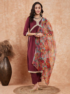InWeave Women's Dark Burgundy Alia Neck Style Gota Set W Organza Dupatta | Grocsy