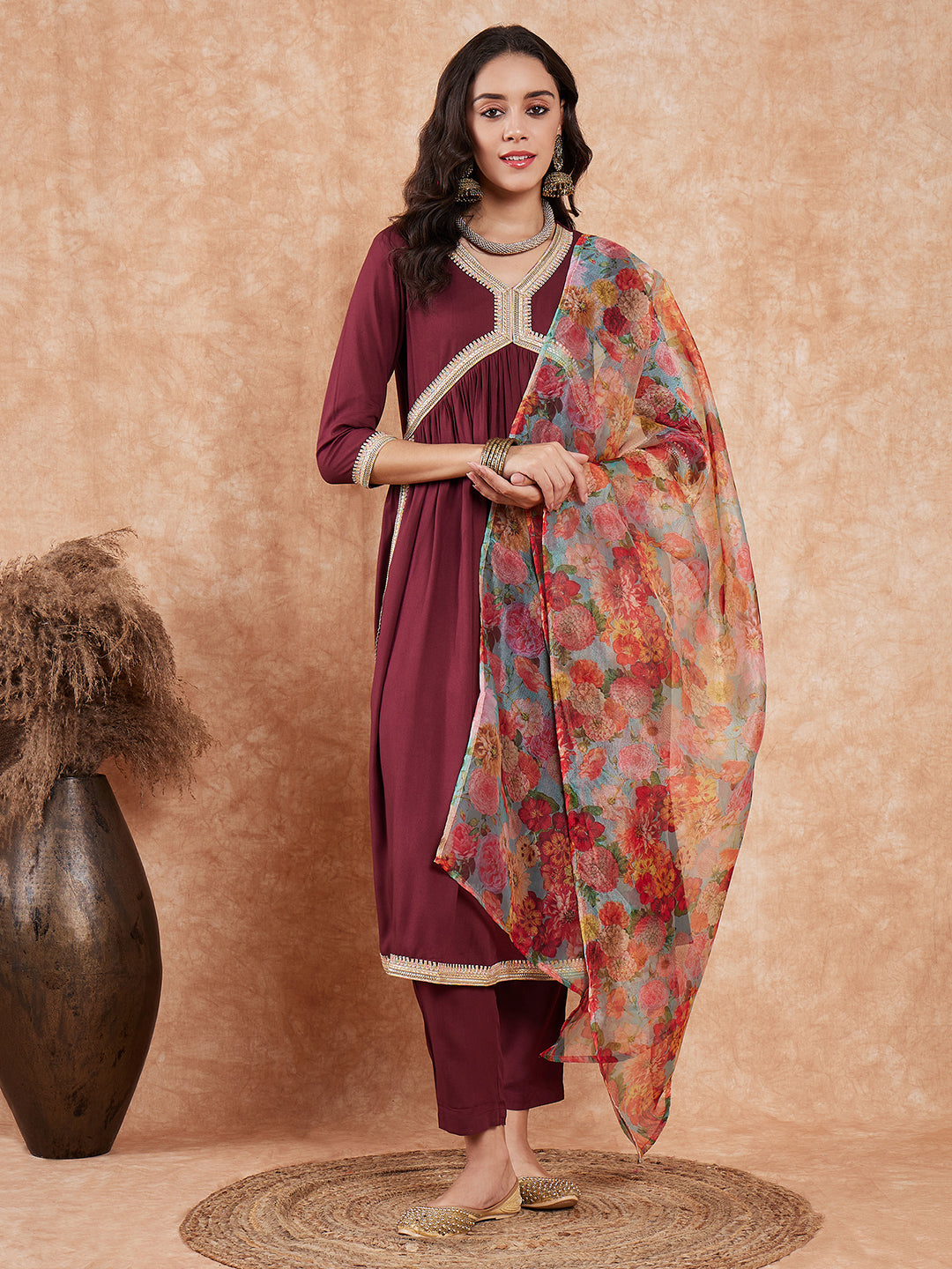 InWeave Women's Dark Burgundy Alia Neck Style Gota Set W Organza Dupatta | Grocsy