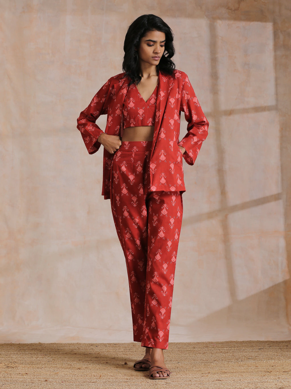 trueBrowns Red On Red Ikat Print Cotton Pant Suit Set | Grocsy