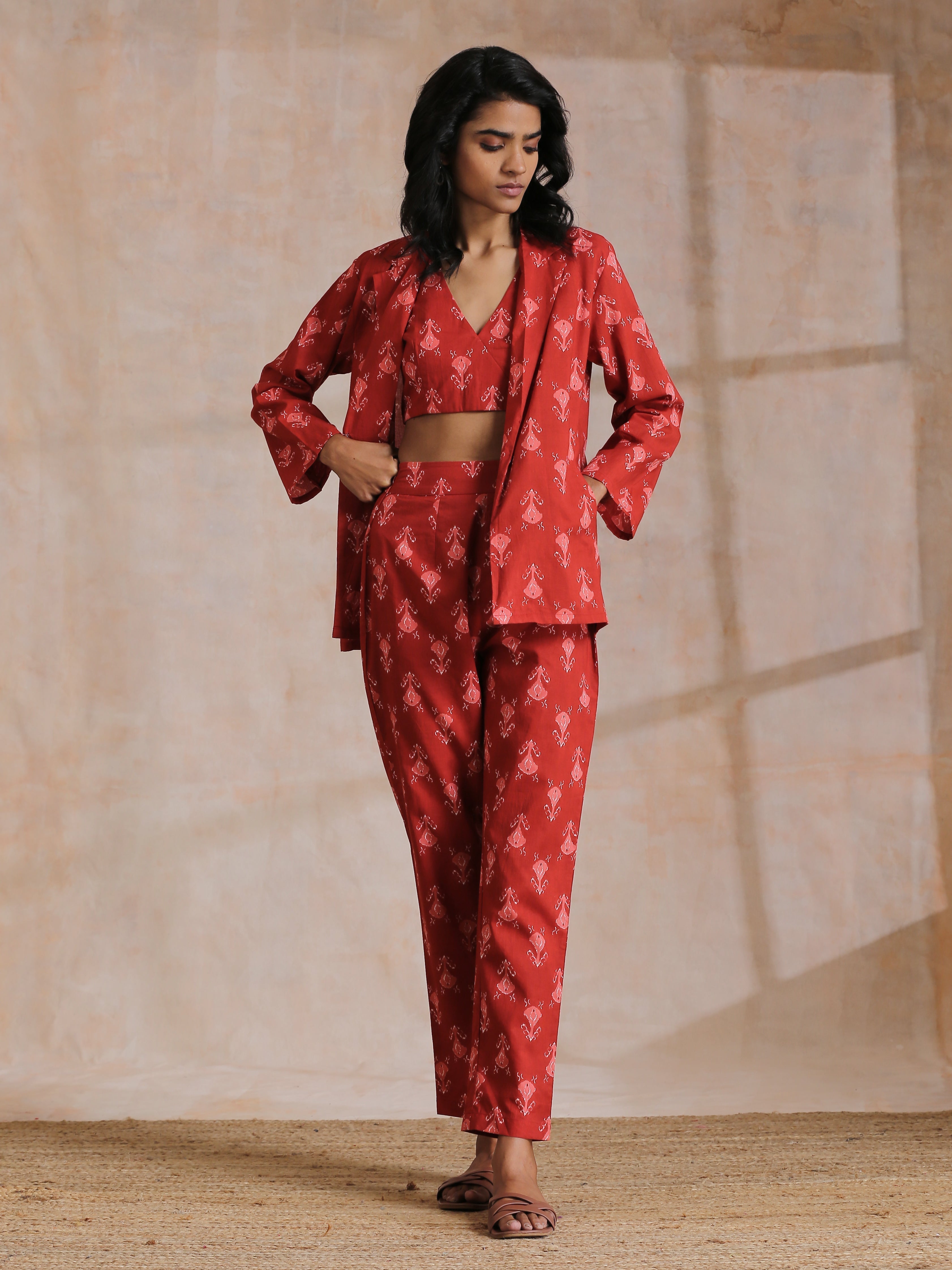 trueBrowns Red On Red Ikat Print Cotton Pant Suit Set | Grocsy