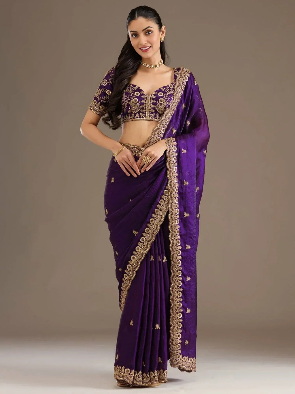 Tulsi Art Beautiful Purple Zari Embroidered Silk Party Wear Saree With Blouse | Grocsy