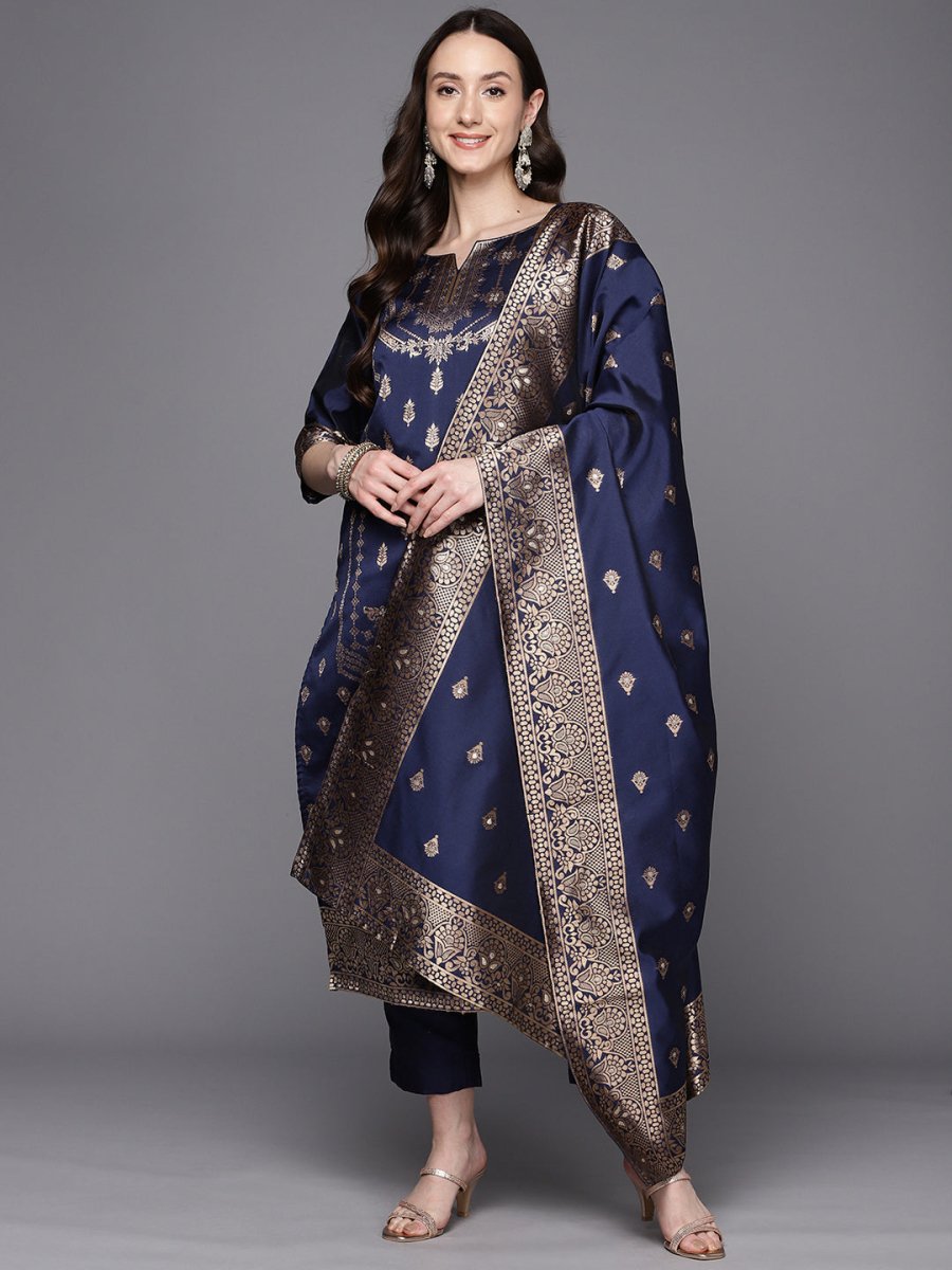 Ahalyaa Unstitched Navy Blue Dress Material | Grocsy