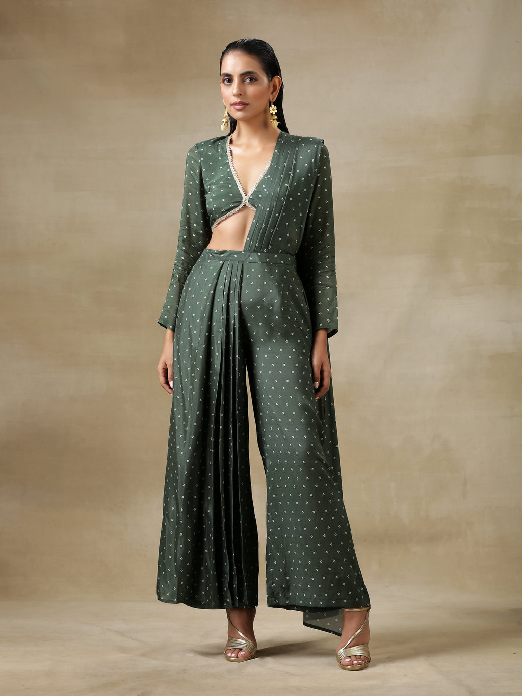 trueBrowns Dark Green Bandhani Printed Silk Palazzo Stitched Saree | Grocsy