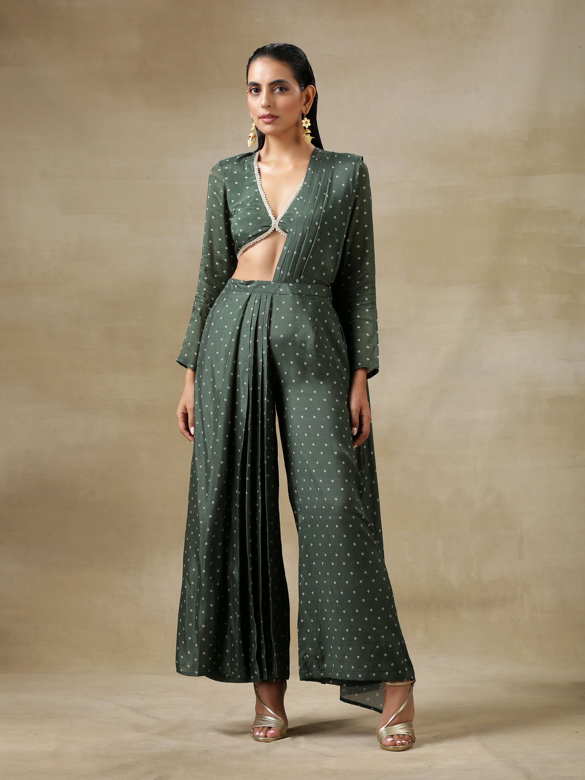 trueBrowns Dark Green Bandhani Printed Silk Palazzo Stitched Saree | Grocsy