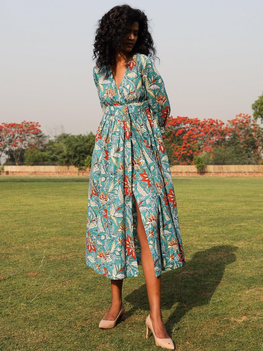 trueBrowns Teal Cotton Block Print Wrap Dress | Grocsy