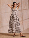 trueBrowns Clay Dabu Buta Print Cotton Sleeveless Wrap Dress | Grocsy