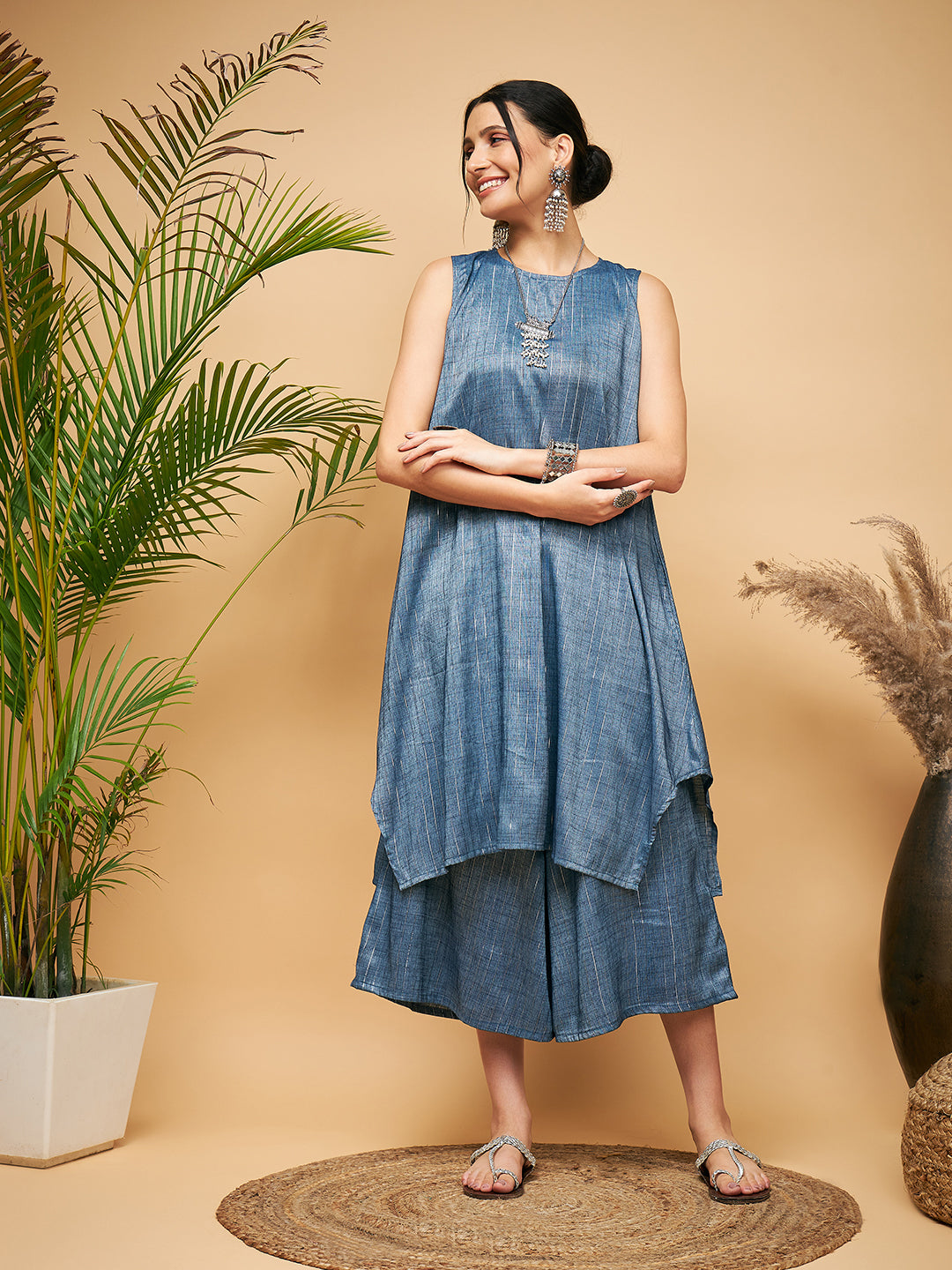 InWeave Women's Blue Lurex Short Pallazo Kurta Set | Grocsy