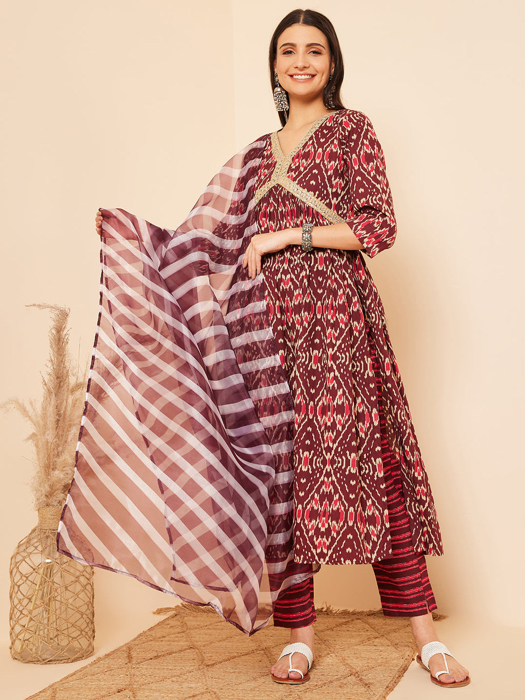 InWeave Women's Wine Ikkat Print Alia Cut Gota Work Kurta Set W Wine Leh Dup | Grocsy