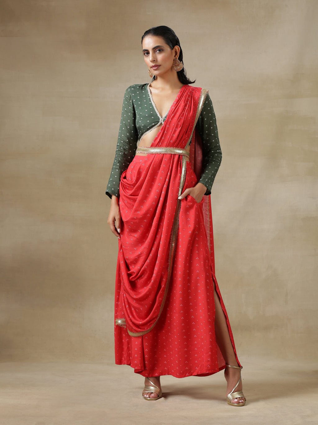 trueBrowns Red Bandhani Printed Silk Skirt Stitched Saree with Belt | Grocsy