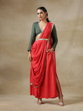 trueBrowns Red Bandhani Printed Silk Skirt Stitched Saree with Belt | Grocsy