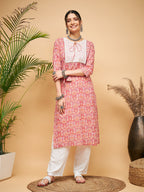 InWeave Women's Dusty Pink Paisley Patch Straight Kurta | Grocsy