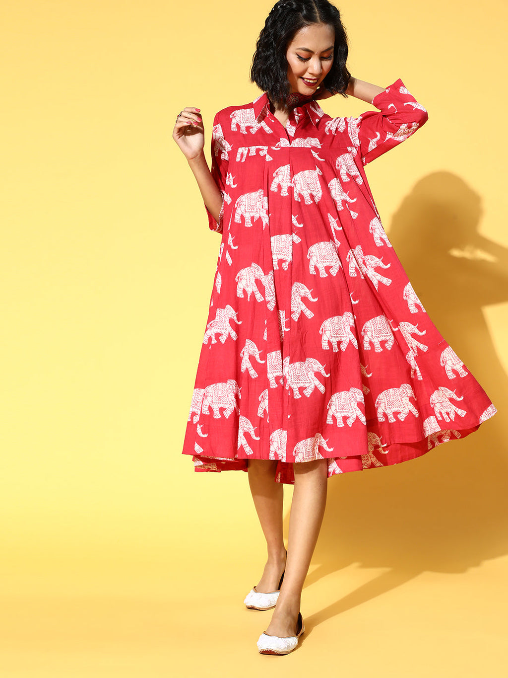 InWeave Red Elephant Flared Dress | Grocsy