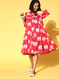 InWeave Red Elephant Flared Dress | Grocsy