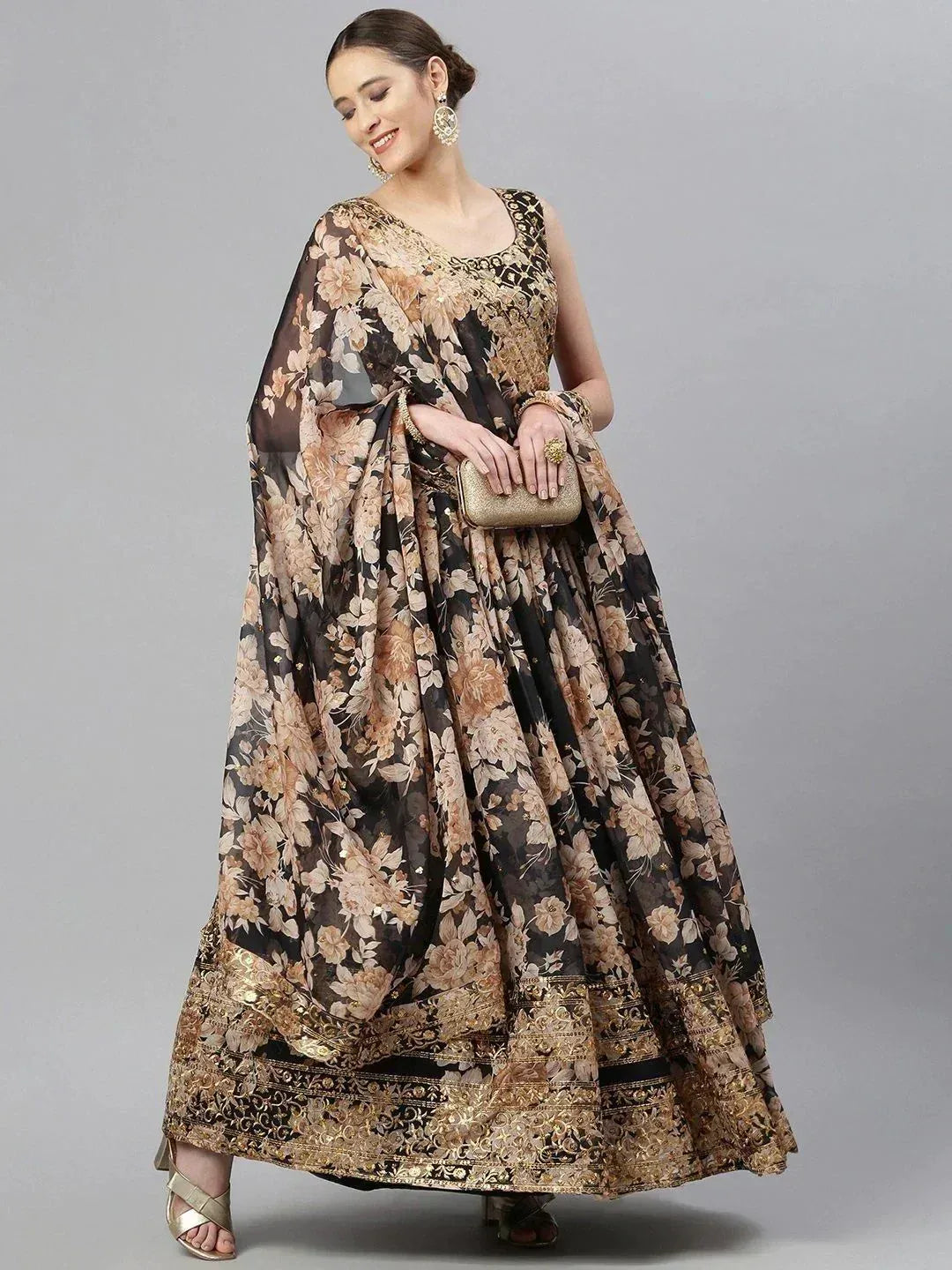 Tulsi Art Black & Beige Embellished Sequinned Semi-Stitched Lehenga & Unstitched Blouse | Grocsy