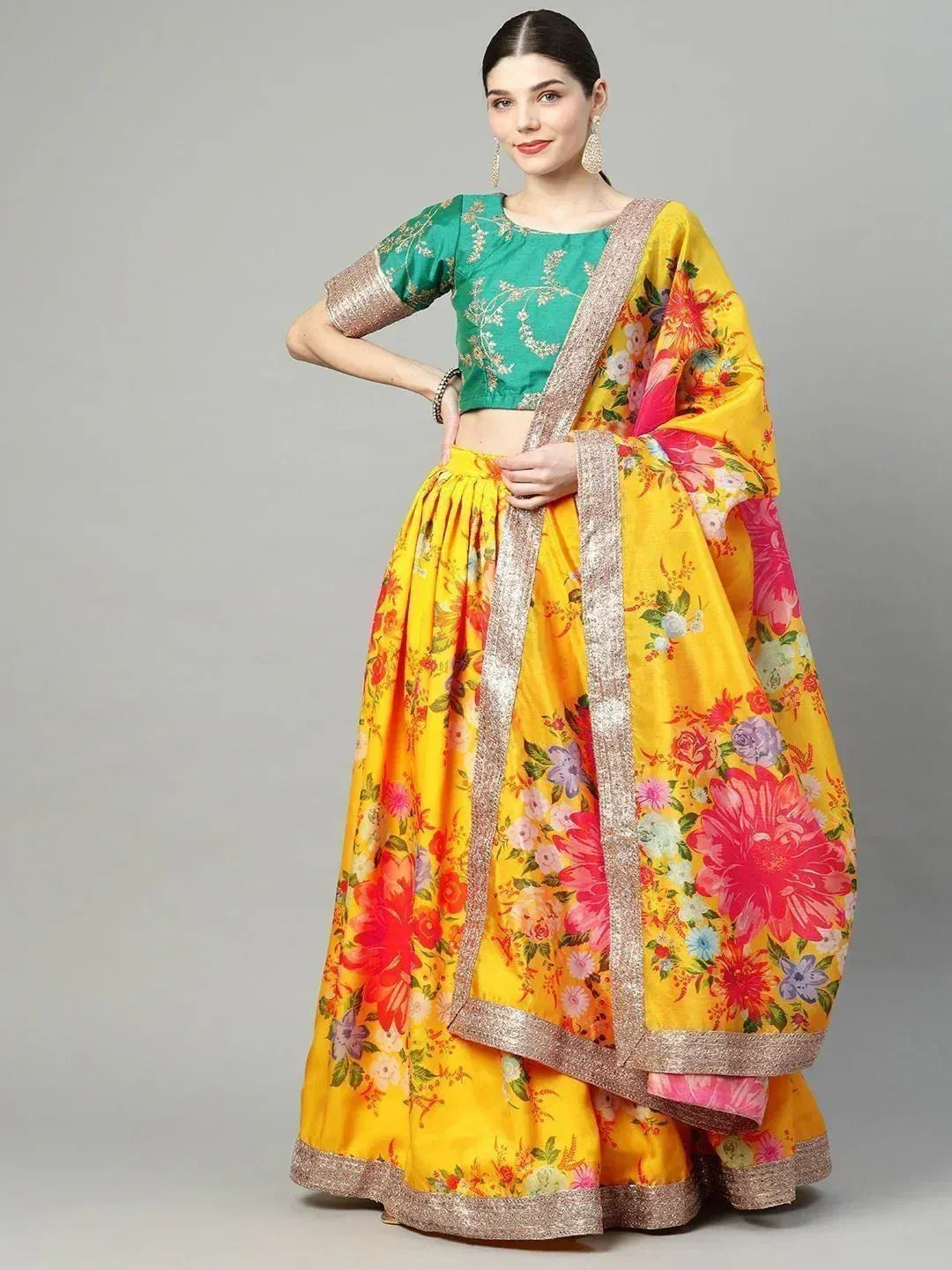 Tulsi Art Mustard Yellow Semi-Stitched Myntra Lehenga & Unstitched Blouse With Dupatta | Grocsy
