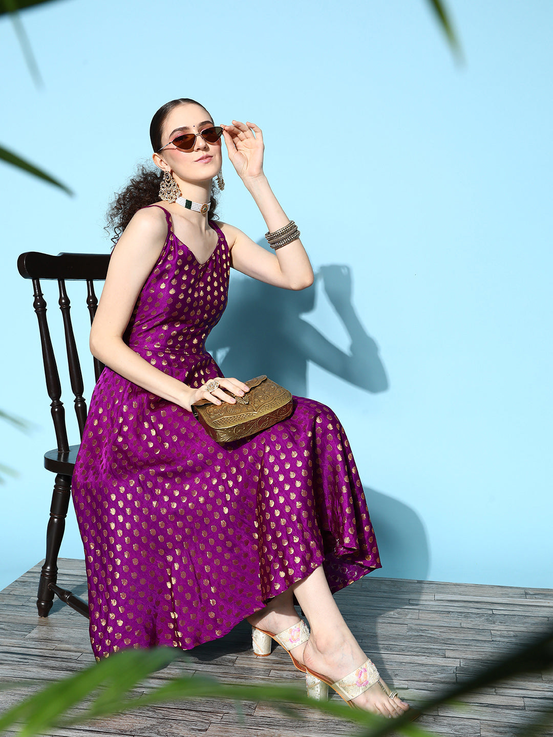 InWeave Women's Wine Gold Small Boota Long Dress | Grocsy