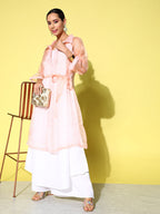 InWeave Women's Cream Strappy Kurta Set With Peach Organza Cape | Grocsy