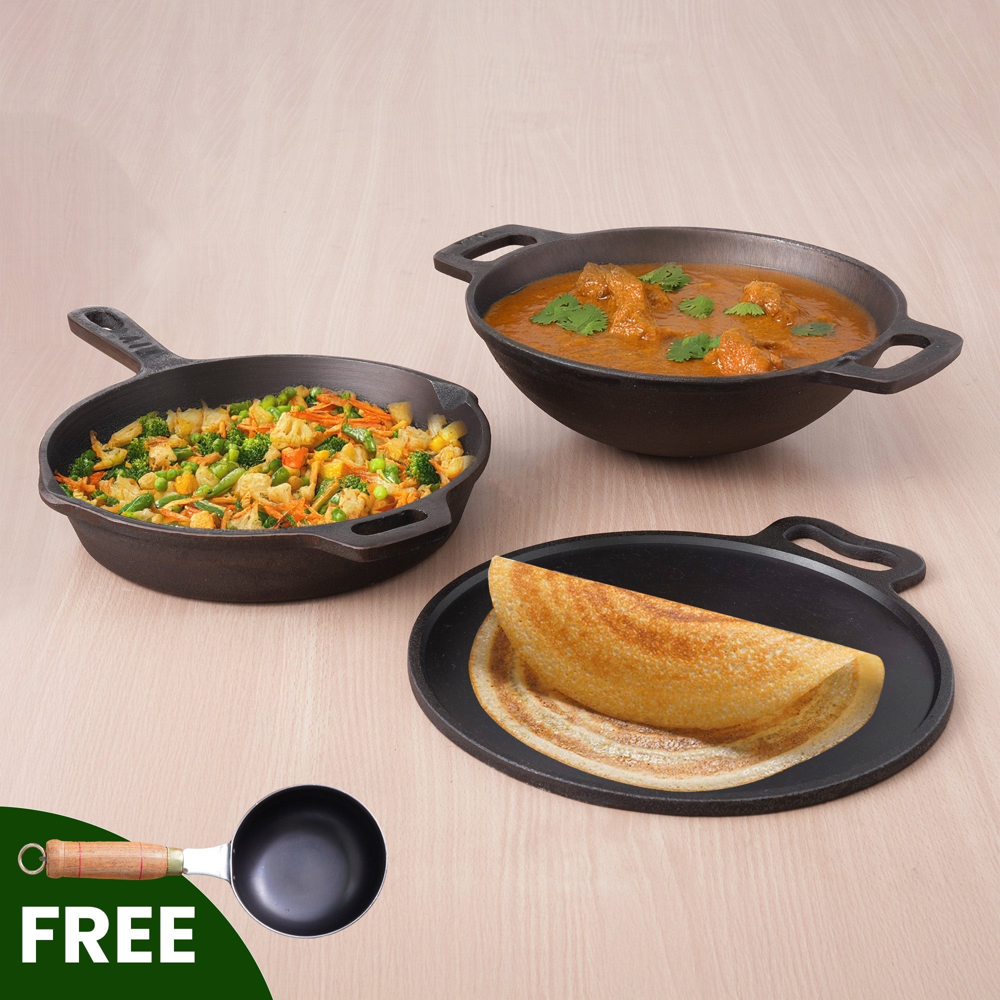The Indus Valley Super Smooth Cast Iron Set: Frypan+ Kadai+ Tawa, Kitchen set for Home, Nonstick, 100% Pure,Toxin-free, Tadka Pan | Grocsy