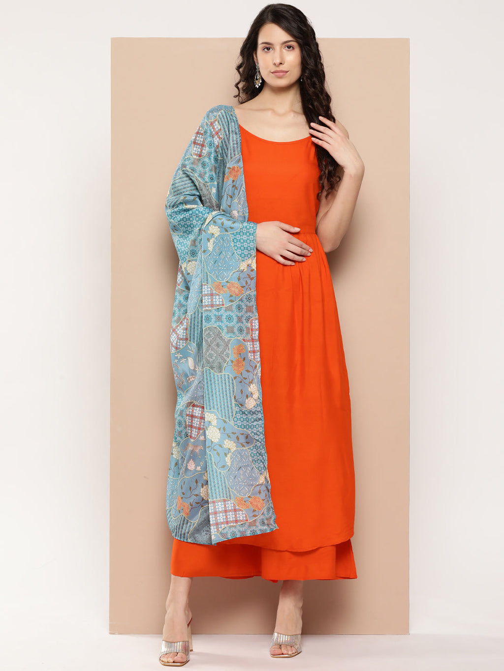 InWeave Women's Orange Strappy Set With Blue Chinnon Print Silk Dupatta | Grocsy