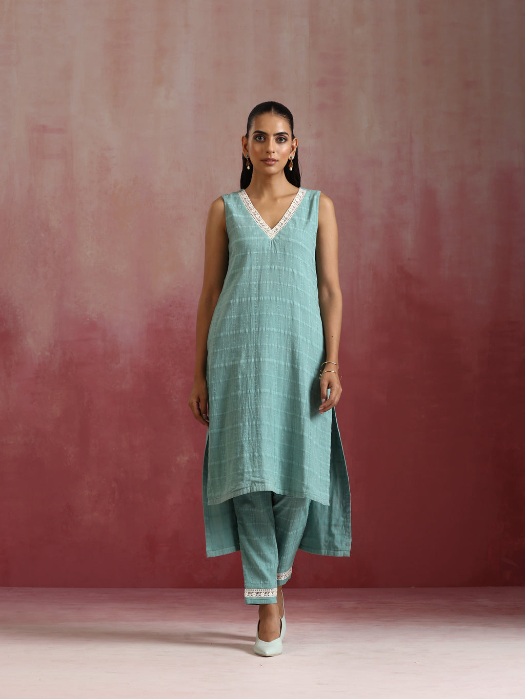 trueBrowns Aqua Blue Cotton Dobby High low Kurta Set | Grocsy