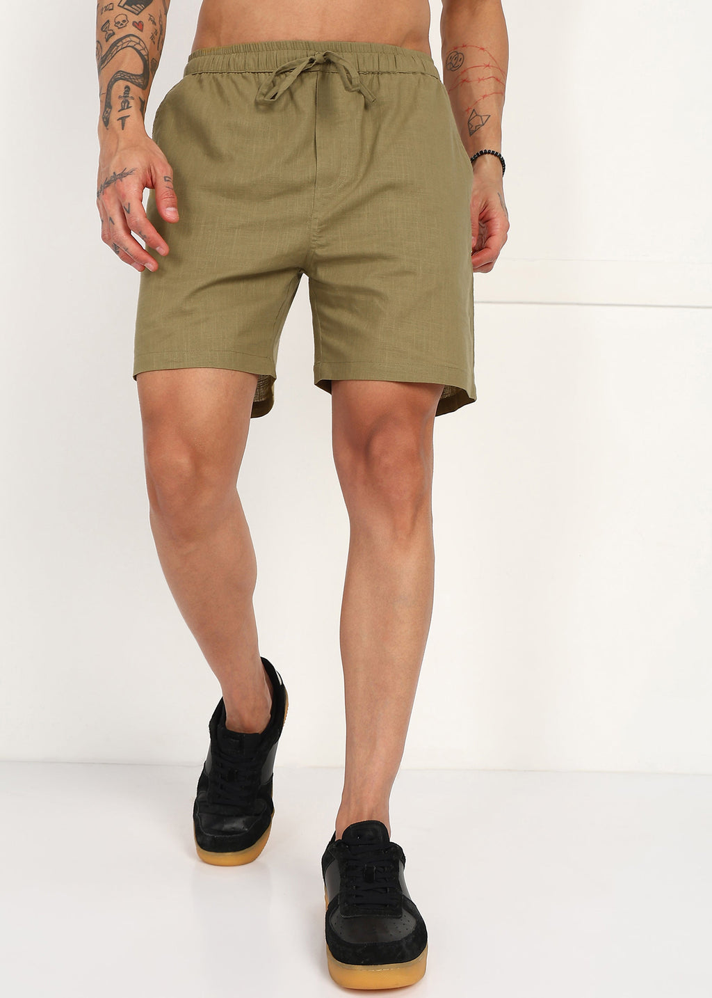 Fabmade Olive Ease Linen Shorts | Grocsy