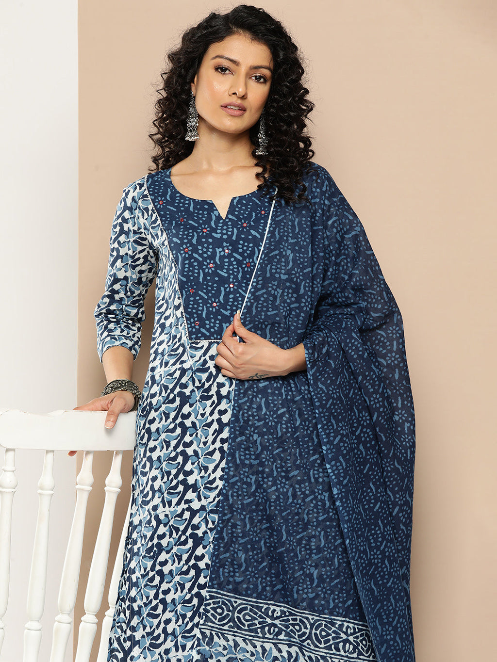 KSUT (House of Varanga) Blue And White Cotton Printed Yoke Design Kurta Paired With Printed Dupatta And Trouser | Grocsy