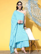 InWeave Women's Sky Blue Mirror Work One Shoulder Kurta Set With Dupatta | Grocsy