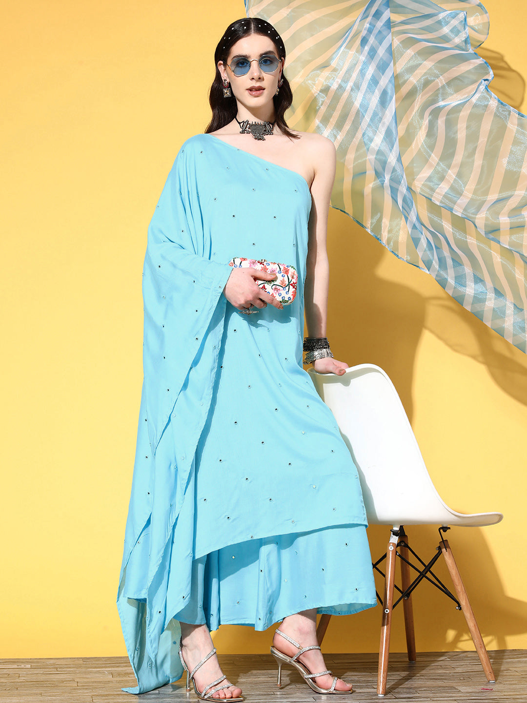 InWeave Women's Sky Blue Mirror Work One Shoulder Kurta Set With Dupatta | Grocsy