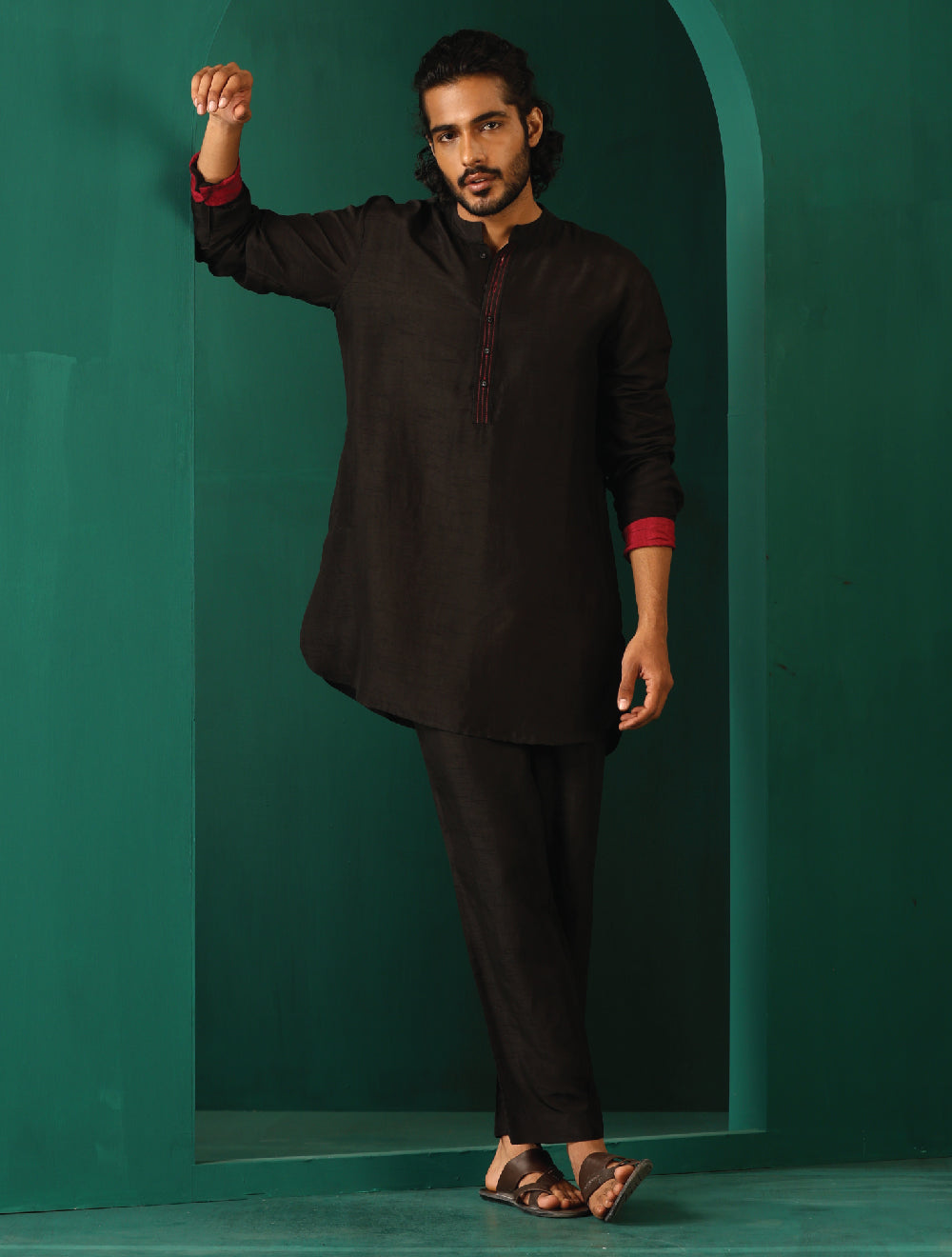 trueBrowns Men's Black Silk Co-ord Set Stitch Detail | Grocsy